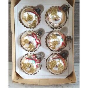 Vintage Christmas Tree Ornaments Lot 6 Silver W/Gold Glitter Bows Red Bow Ribbon